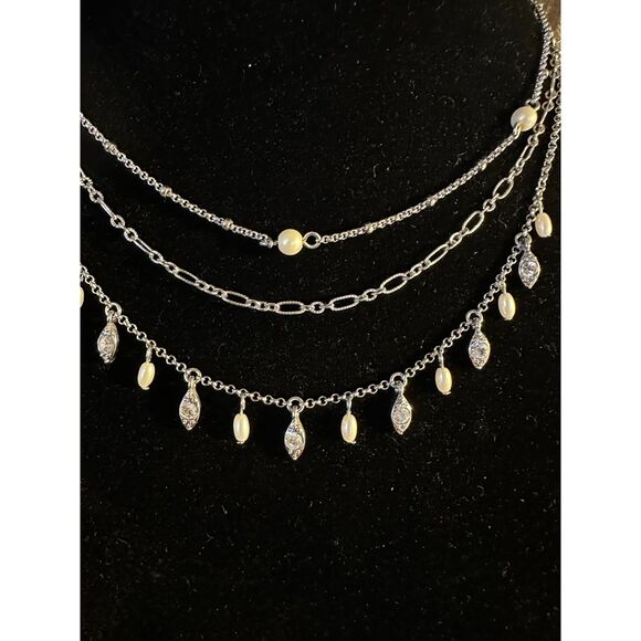Lia Sophia Silver Tone 3 Tier Clear Crystal Necklace - Picture 2 of 4